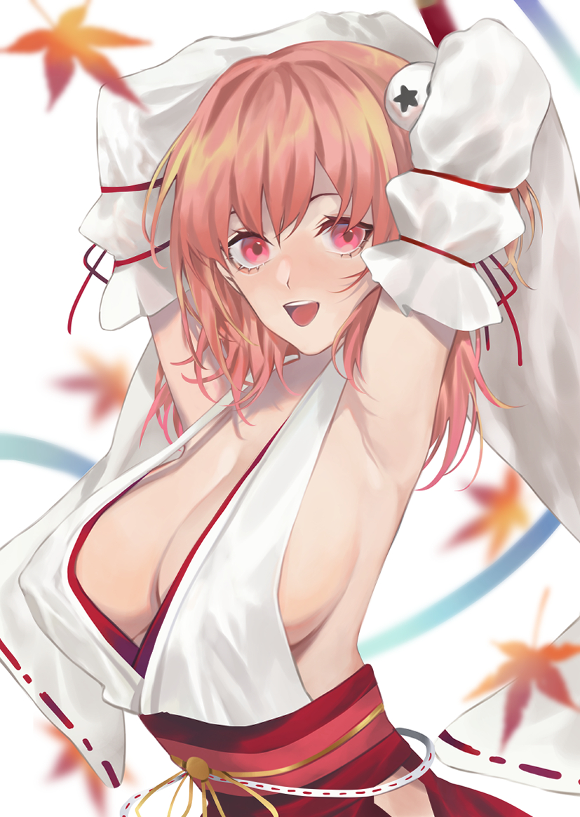 1girl armpits arms_behind_head azur_lane breasts center_opening dead_or_alive detached_sleeves ggen_n halterneck honoka_(doa) large_breasts leaf open_mouth pink_eyes pink_hair red_sash sash sideboob simple_background solo white_background wide_sleeves
