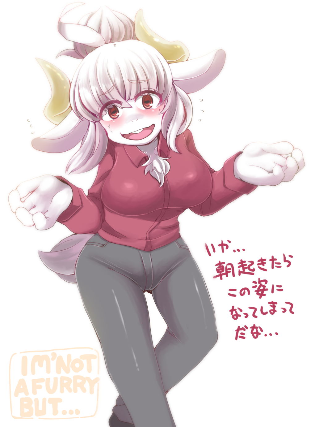 2020 alternate_species anthro big_breasts blush bottomwear bovid breasts caprine clothing english_text female goat goat_lucifer_(helltaker) helltaker hi_res horn japanese_text looking_at_viewer lucifer_(helltaker) mammal mondoro olo pants red_eyes shirt simple_background smile solo text topwear white_background white_body