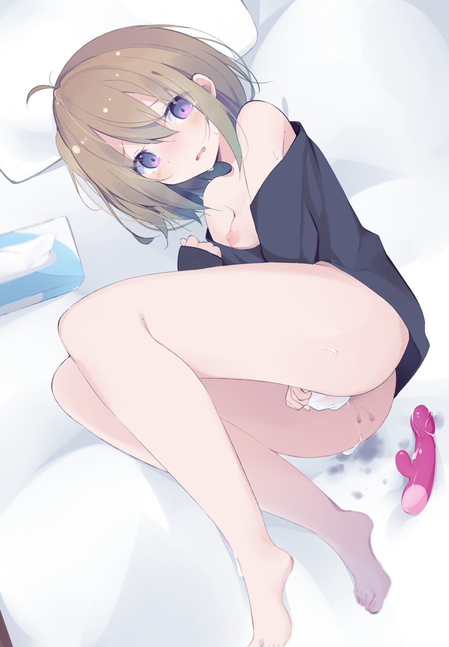 1girl after_masturbation ahoge ass bangs bare_shoulders barefoot bed_sheet black_shirt blush bottomless breasts brown_hair commentary_request dildo eyebrows_visible_through_hair hair_between_eyes highres kyuukon_(qkonsan) long_sleeves looking_at_viewer lying nipples off_shoulder on_side original parted_lips pillow purple_eyes sex_toy shirt sleeves_past_wrists small_breasts solo sweat tissue tissue_box