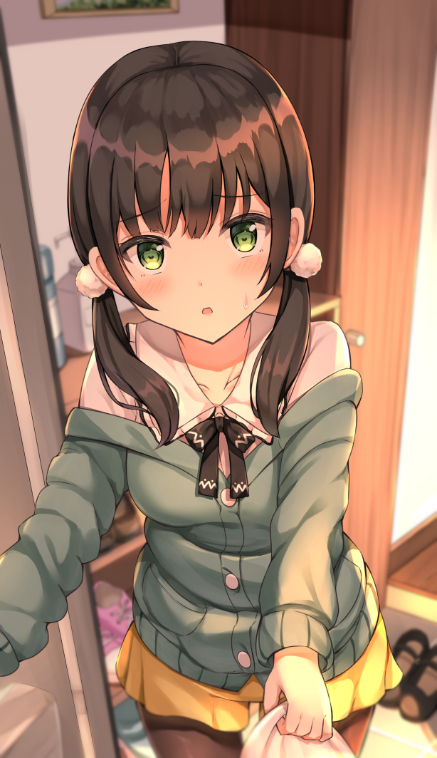 1girl :o bangs black_bow black_hair blurry blurry_background blush bow brown_legwear cardigan collared_shirt commentary_request depth_of_field eyebrows_visible_through_hair green_cardigan green_eyes hair_between_eyes hair_over_shoulder keiran_(ryo170) legwear_under_shorts long_hair long_sleeves looking_at_viewer low_twintails off_shoulder original pantyhose parted_lips shirt short_shorts shorts solo standing sweat twintails white_shirt yellow_shorts