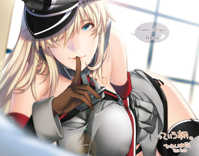 1girl bare_shoulders bismarck_(kantai_collection) blonde_hair blue_eyes breasts brown_gloves detached_sleeves finger_to_mouth german_text gloves hair_over_one_eye hat hiyoshi_hana kantai_collection large_breasts long_hair looking_at_viewer lying military_hat mixed-language_text on_stomach peaked_cap solo translation_request