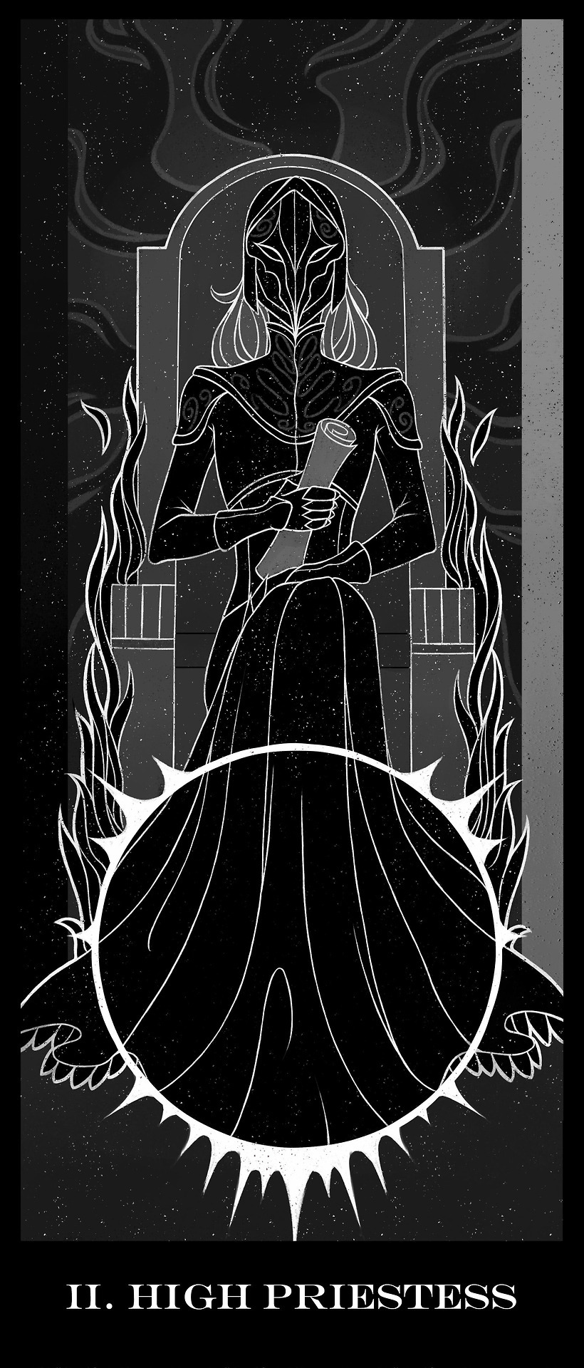 1girl armor black_dress dark_souls dark_souls_iii dress evilyunia from_software highres monochrome painttool_sai_(medium) scroll sitting souls_(from_software) tarot the_high_priestess throne yuria_of_londor