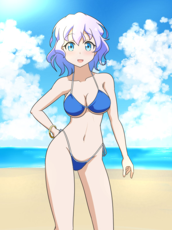 1girl :d bangle beach bikini blue_bikini blue_eyes blush bracelet breasts cato_(monocatienus) cleavage cloud cloudy_sky collarbone commentary_request contrapposto day eyebrows_visible_through_hair feet_out_of_frame groin hair_between_eyes hand_on_hip horizon jewelry large_breasts letty_whiterock looking_at_viewer navel open_mouth purple_hair short_hair side-tie_bottom sky smile solo standing swimsuit touhou