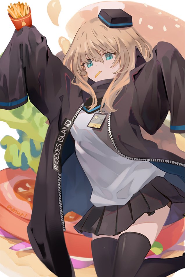 1girl amuri arknights bangs black_coat black_headwear black_legwear black_skirt blonde_hair blue_eyes coat durin_(arknights) fast_food food food_in_mouth french_fries hamburger hat id_card long_hair mouth_hold open_clothes open_coat pleated_skirt shirt skirt sleeves_past_fingers sleeves_past_wrists solo thighhighs white_shirt