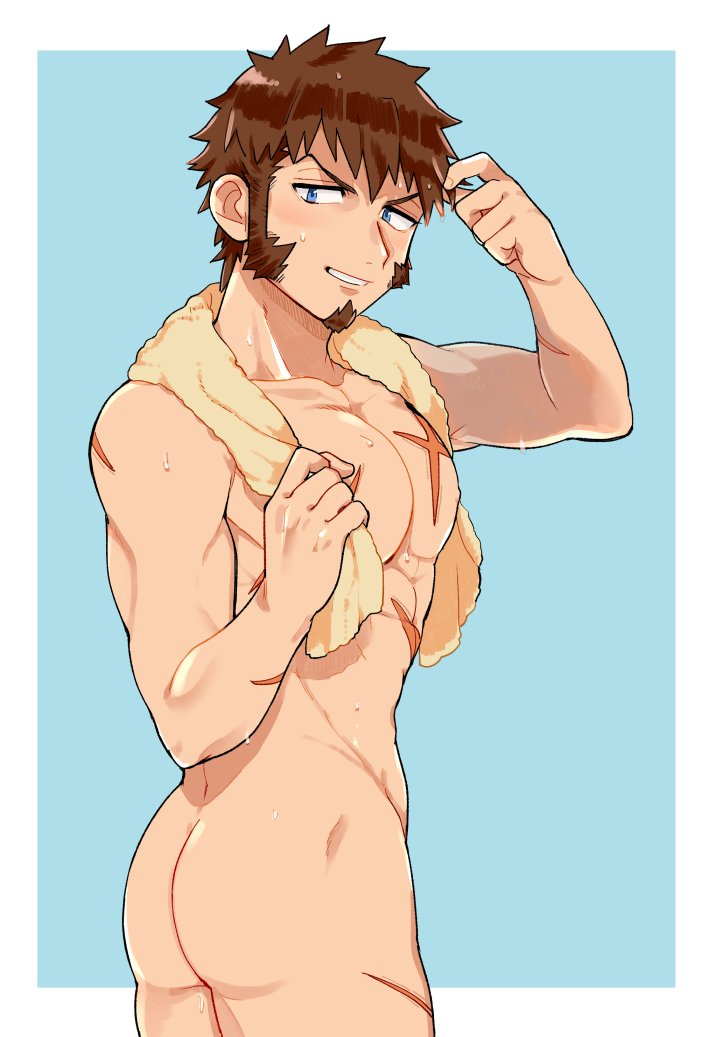 1boy abs ass bathing beard blue_eyes blush bottomless brown_hair cover cover_page cowboy_shot doujin_cover facial_hair fate/grand_order fate_(series) hair_twirling looking_at_viewer male_focus muscle naked_towel napoleon_bonaparte_(fate/grand_order) nude pectorals scar shitappa short_hair sideburns simple_background smile solo towel tower wet wet_hair