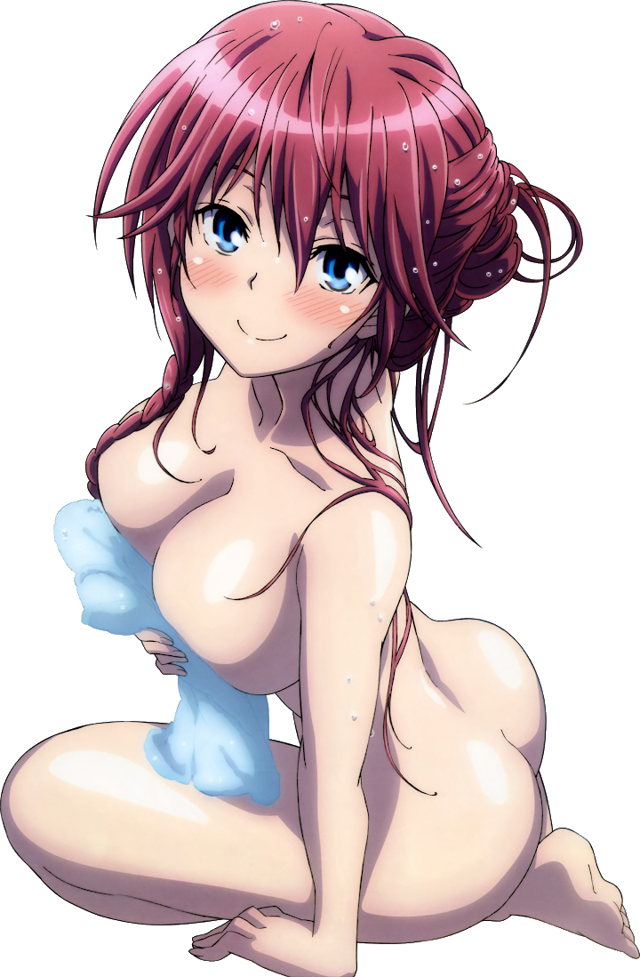 asami_lilith ass bathing blue_eyes blue_towel blush breasts hair_up looking_at_viewer nude nyantype photoshop_(medium) red_hair smile towel trinity_seven