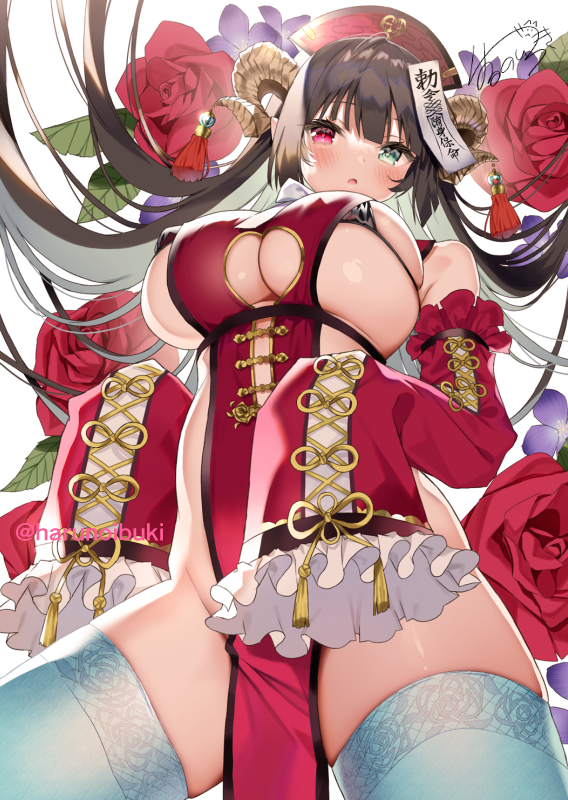 1girl bare_shoulders black_bra black_hair blush bra breasts chinese_clothes clothing_cutout flower green_eyes harunoibuki hat heterochromia horns jiangshi lace-trimmed_legwear lace_trim large_breasts long_hair no_panties ofuda original pelvic_curtain red_eyes revealing_clothes rose sideboob skindentation sleeves_past_fingers sleeves_past_wrists solo thighhighs twitter_username underboob_cutout underwear very_long_hair white_legwear