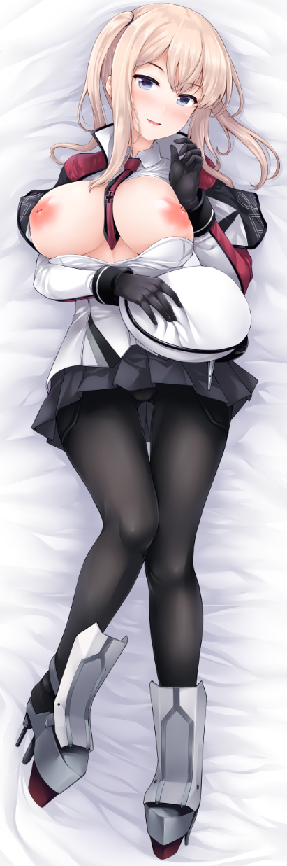 1girl between_breasts black_gloves black_legwear blonde_hair blue_eyes blush breasts breasts_outside capelet dakimakura_(medium) full_body gloves graf_zeppelin_(kantai_collection) grey_eyes hair_between_eyes hat highres inverted_nipples kantai_collection large_breasts long_hair long_sleeves looking_at_viewer lying military military_hat military_uniform miniskirt necktie necktie_between_breasts nipples no_bra pantyhose peaked_cap sidelocks skirt smile solo twintails uni8 uniform