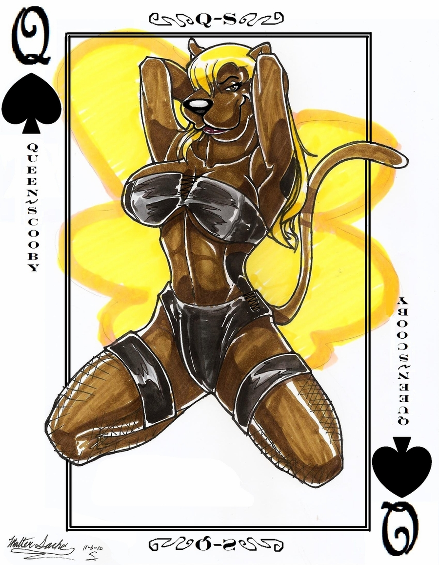 &spades; 2010 anthro anthrofied big_breasts biped blonde_hair bra breasts brown_body brown_eyes brown_fur canid canine canis card clothed clothing crossgender domestic_dog english_text female fishnet fur great_dane hair hands_behind_head hanna-barbera kneeling leather legwear lingerie long_hair looking_at_viewer mammal marker_(artwork) mastiff molosser naughty_face panties partially_clothed pinup playing_card pose queen_of_spades raised_tail scooby-doo scooby-doo_(series) seductive simple_background sitting skimpy smile smirk solo stockings suit_symbol text thigh_highs traditional_media_(artwork) underwear walter_sache
