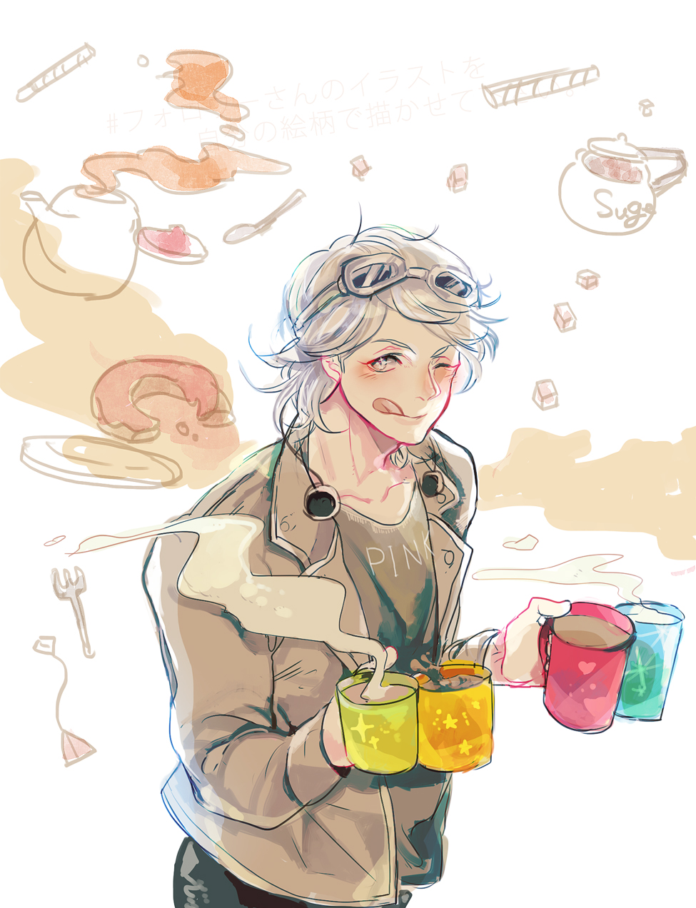 1boy :q coffee coffee_mug cup doughnut food goggles goggles_on_head grey_hair highres holding holding_cup male_focus mikann0206 mug one_eye_closed peter_maximoff quicksilver silver_hair smile solo teapot tongue tongue_out x-men:_days_of_future_past