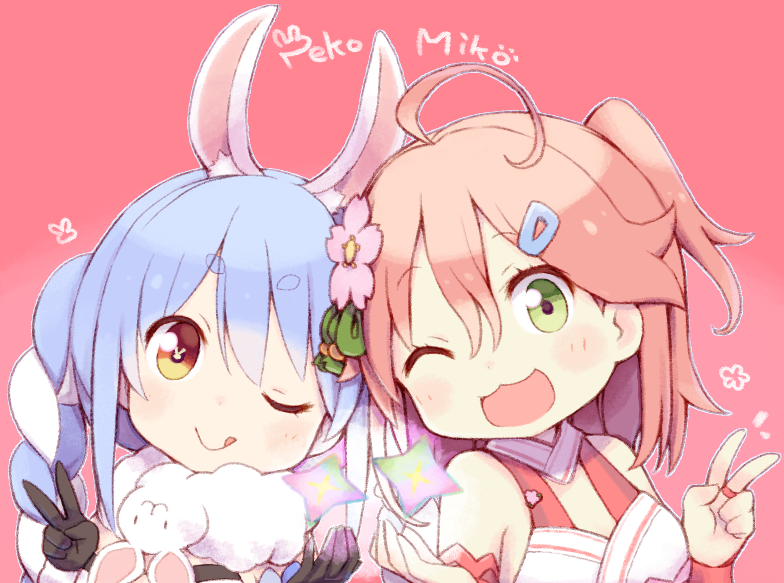 2girls :3 :d ;q ahoge animal_ear_fluff animal_ears armband bangs bare_shoulders black_gloves blue_hair blush braid breasts bunny_ears cleavage closed_mouth commentary_request don-chan_(usada_pekora) eyebrows_visible_through_hair flower gloves green_eyes hair_between_eyes hair_flower hair_ornament hairclip head hololive kuro_(kuroneko_no_kanzume) long_braid long_hair looking_at_viewer medium_hair minecraft multicolored_hair multiple_girls nether_star nontraditional_miko one_eye_closed one_side_up open_mouth orange_eyes outline pink_background pink_hair rabbit_girl sakura_miko simple_background smile symbol_commentary symbol_in_eye tongue tongue_out two-tone_hair upper_body usada_pekora v virtual_youtuber white_outline