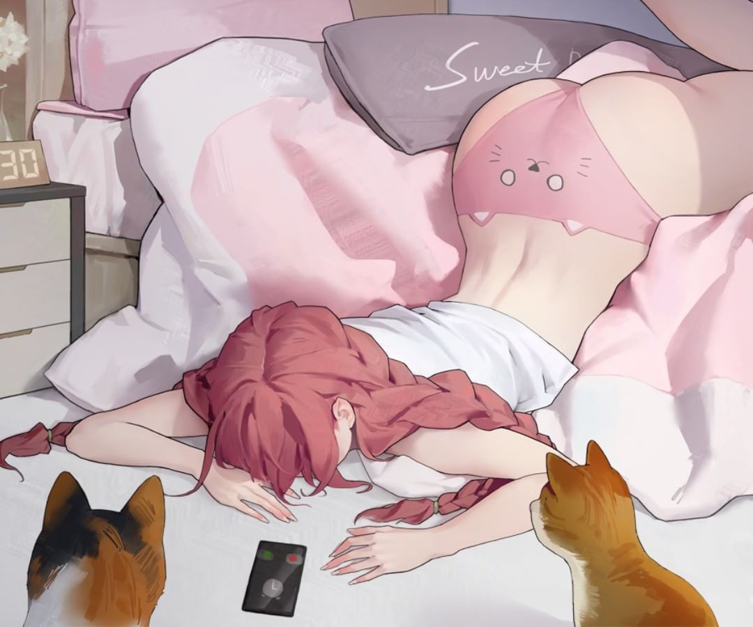 1girl alarm_clock animal animal_print ass bare_arms bed braid cat cat_ear_panties cat_print cellphone clock dongho_kang indoors long_hair midriff on_bed original panties phone pillow pink_hair pink_panties red_hair shirt solo underwear white_shirt