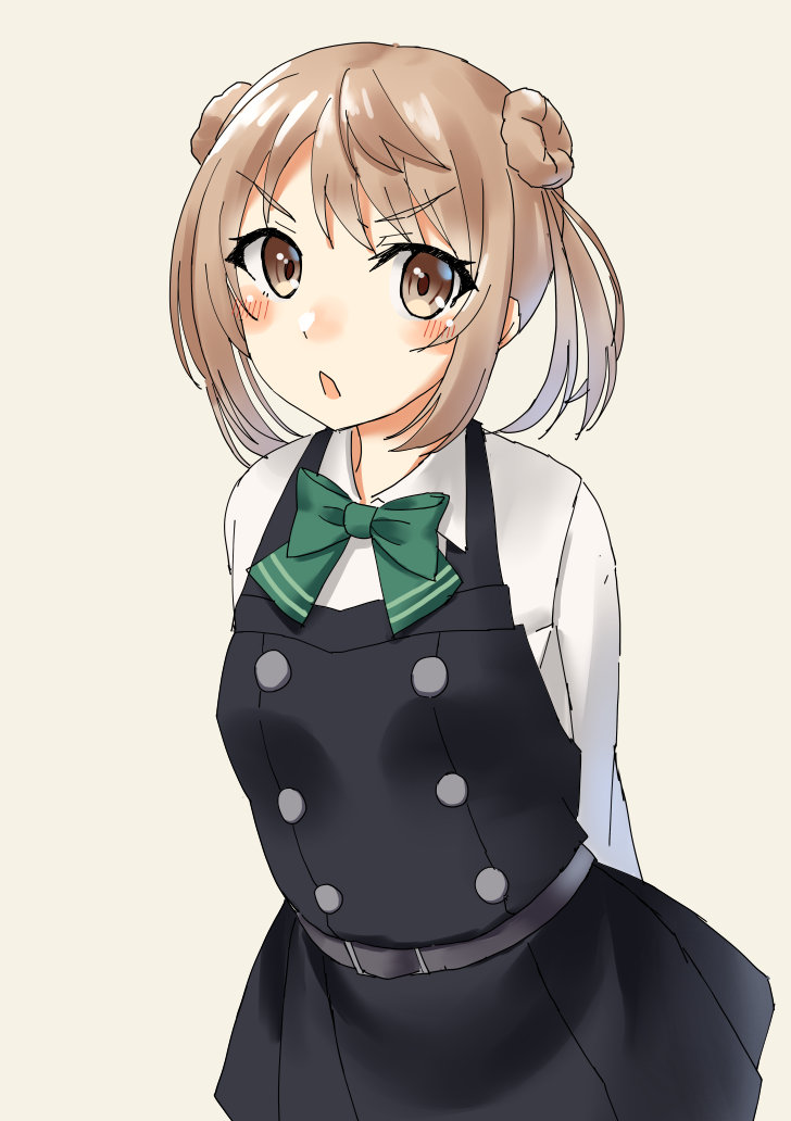 1girl arms_behind_back brown_eyes cowboy_shot double_bun dress grey_background kantai_collection light_brown_hair long_sleeves looking_at_viewer mayura2002 michishio_(kantai_collection) pinafore_dress remodel_(kantai_collection) shirt short_twintails simple_background solo twintails white_shirt