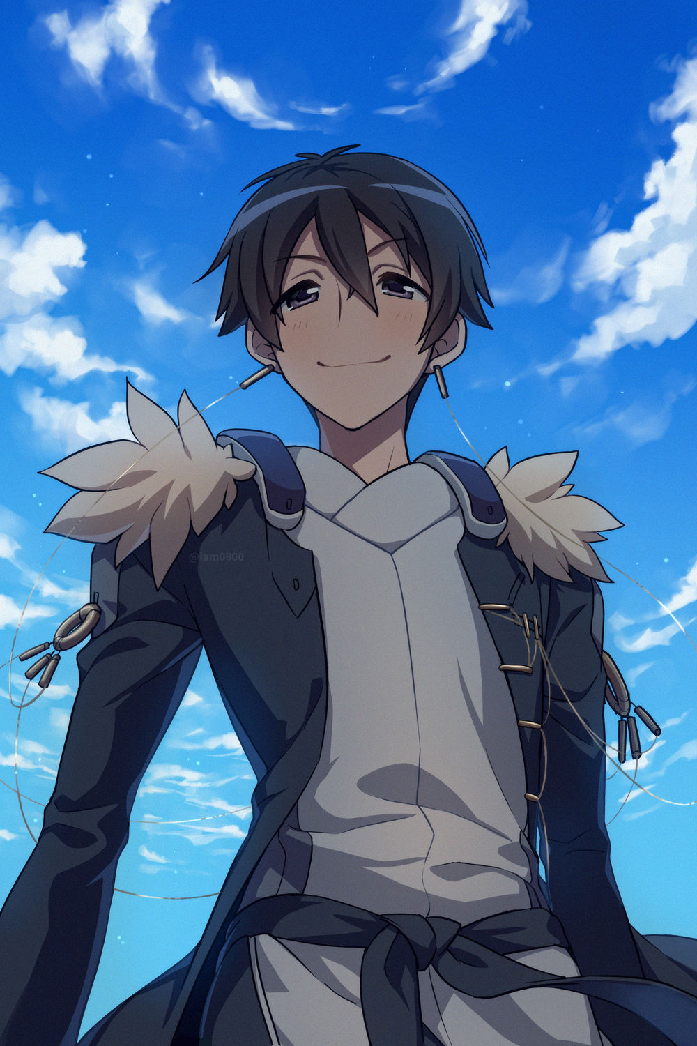 1boy aoi_toori bangs black_coat black_eyes black_hair blue_sky blush closed_mouth cloud coat commentary_request cowboy_shot day earrings hair_between_eyes highres jewelry kyoukaisenjou_no_horizon long_sleeves looking_at_viewer male_focus overcoat sayshownen short_hair sky smile solo standing twitter_username watermark