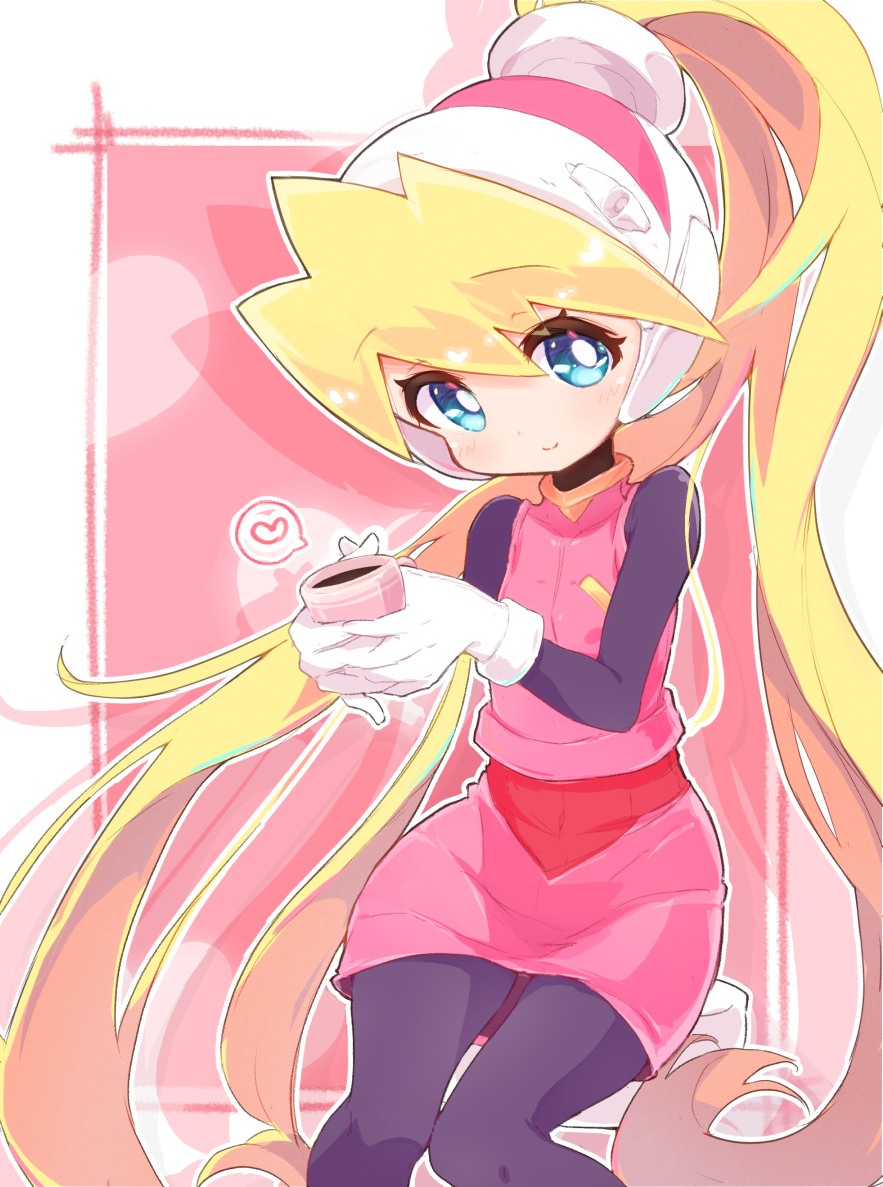 1girl bangs blonde_hair blue_eyes blush ciel_(rockman) commentary_request cup eyebrows_visible_through_hair gloves hair_between_eyes head_tilt headgear heart high_ponytail holding holding_cup long_hair pantyhose perorisu ponytail rockman rockman_zero simple_background skirt smile solo white_gloves