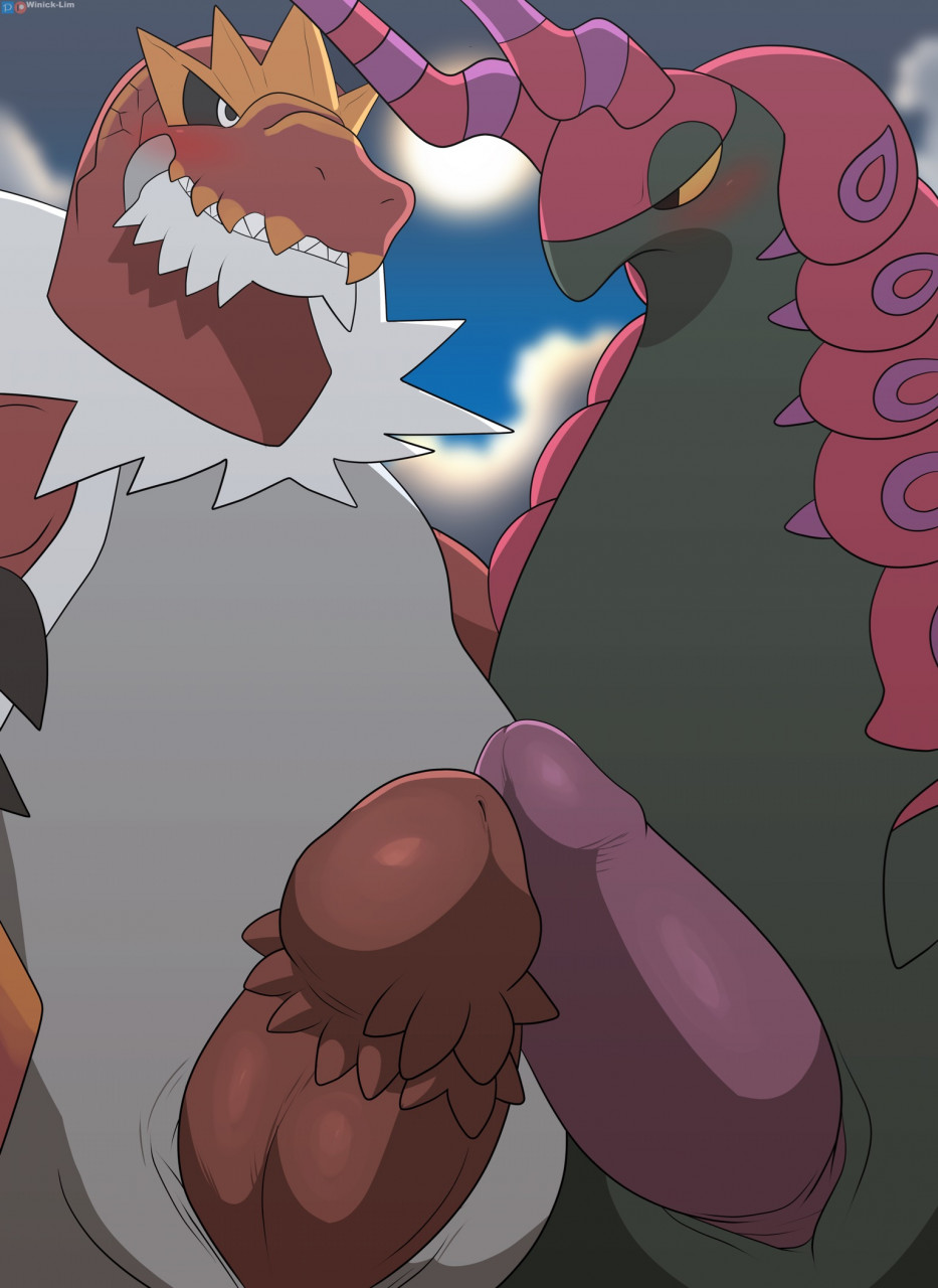 arthropod blush carnivore dinosaur dragon duo erection fossil_pok&eacute;mon genitals hi_res insect male male/male nintendo penis poison pok&eacute;mon pok&eacute;mon_(species) reptile rock scalie scolipede theropod together tyrantrum video_games winick-lim