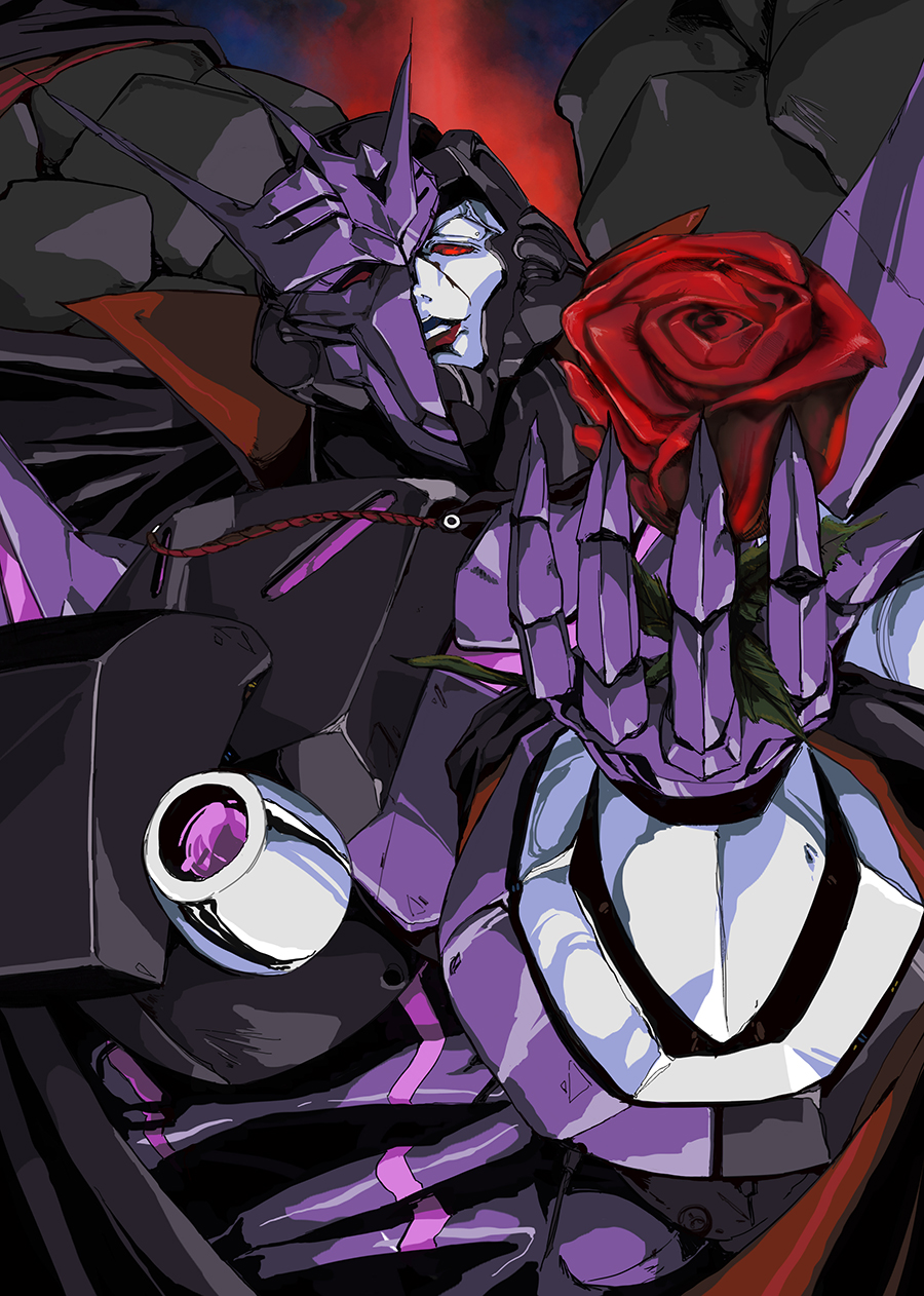 1980s_(style) 1boy broken_mask decepticon english_commentary flower highres hinomars19 holding holding_flower looking_down mask mecha no_humans parted_lips red_eyes red_flower red_rose retro_artstyle rose smile solo tarn the_transformers_(idw) transformers