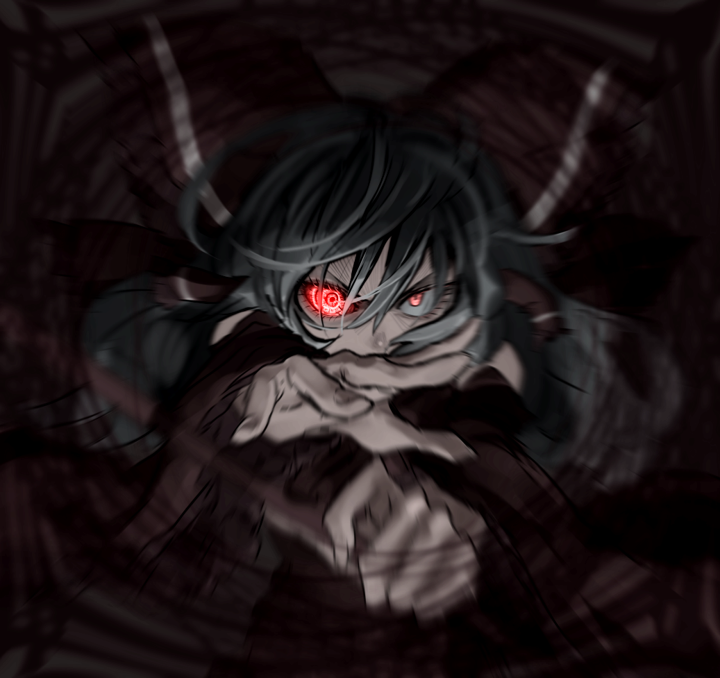 1girl bangs bow commentary_request covered_mouth dark detached_sleeves evil_eyes glowing glowing_eyes grey_hair hair_between_eyes hakurei_reimu looking_at_viewer m.u.g.e.n maga-reimu motion_blur outstretched_arm reaching_out red_bow red_eyes rion_(glayjirobass) sidelocks solo touhou uneven_eyes upper_body v-shaped_eyebrows v-shaped_eyes