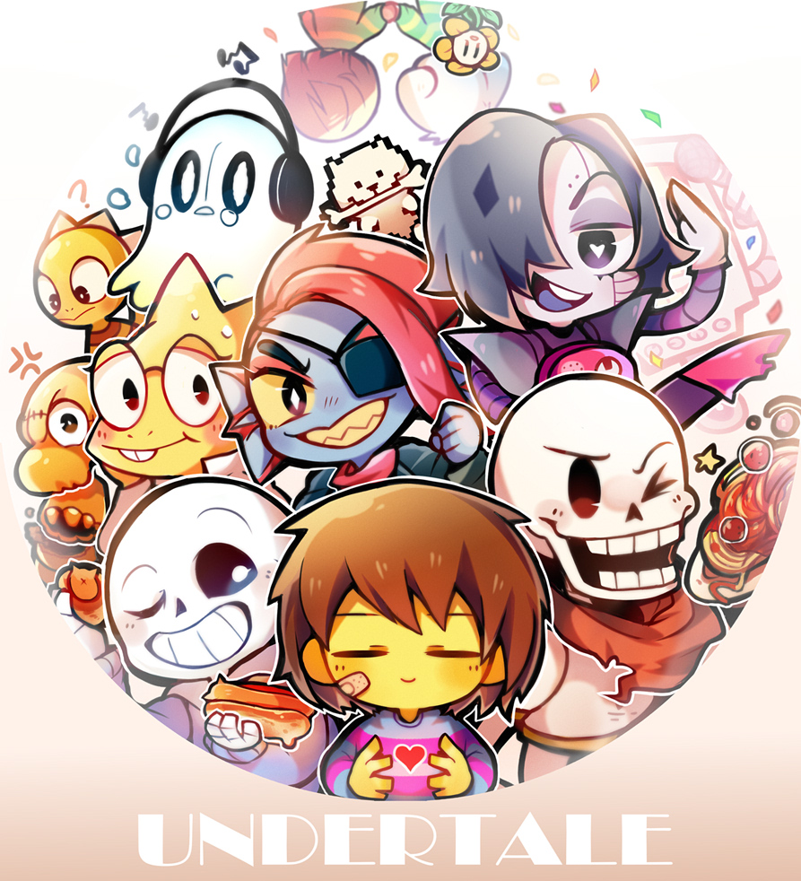 alphys anger_vein annoying_dog asriel_dreemurr brown_hair chara_(undertale) chibi colored_skin dog everyone flower flowey_(undertale) food frisk_(undertale) gaito-san headphones holding_hands hot_dog mad_dummy_(undertale) mettaton monster_kid_(undertale) napstablook outline papyrus_(undertale) pasta sans shirt spaghetti striped striped_shirt tears undertale undyne yellow_skin