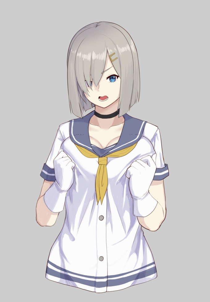 1girl black_choker blue_eyes blue_sailor_collar bob_cut breast_squeeze breasts choker cropped_torso gloves grey_background hair_ornament hair_over_one_eye hairclip hamakaze_(kantai_collection) hayabusa kantai_collection large_breasts looking_at_viewer medium_hair neckerchief open_mouth sailor_collar school_uniform serafuku shirt short_sleeves simple_background solo white_gloves white_shirt yellow_neckwear