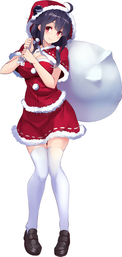 1girl breasts capelet full_body hair_flaps hood hood_up hooded_capelet kantai_collection kujou_ichiso low_twintails medium_breasts official_art purple_hair red_eyes ryuuhou_(kantai_collection) sack santa_costume taigei_(kantai_collection) thighhighs transparent_background twintails white_legwear