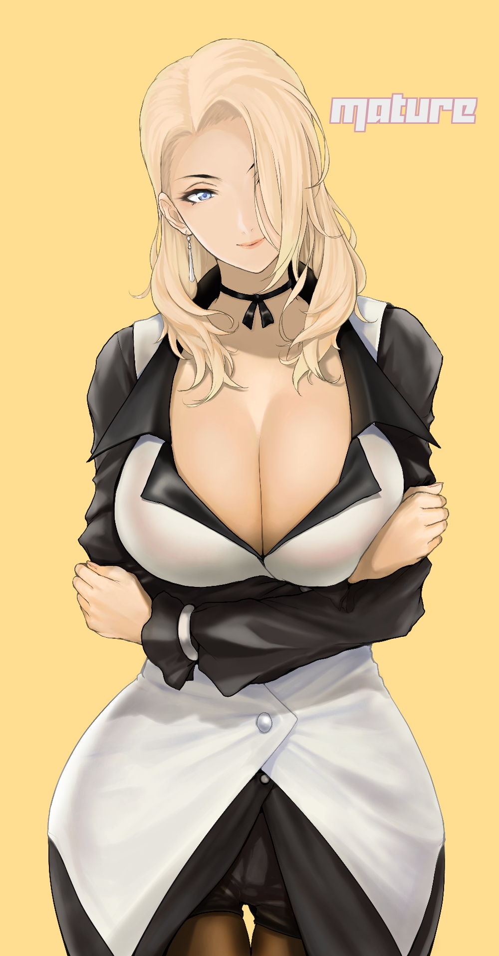 1girl anagumasan bangs black_choker black_legwear blonde_hair blue_eyes breasts buttons character_name choker cleavage closed_mouth commentary_request cowboy_shot crossed_arms detached_sleeves dress earrings fingernails hair_down hair_over_one_eye highres jewelry large_breasts light_smile lips long_hair long_sleeves looking_at_viewer mature_(kof) pantyhose pink_lips shorts simple_background smile solo standing the_king_of_fighters yellow_background