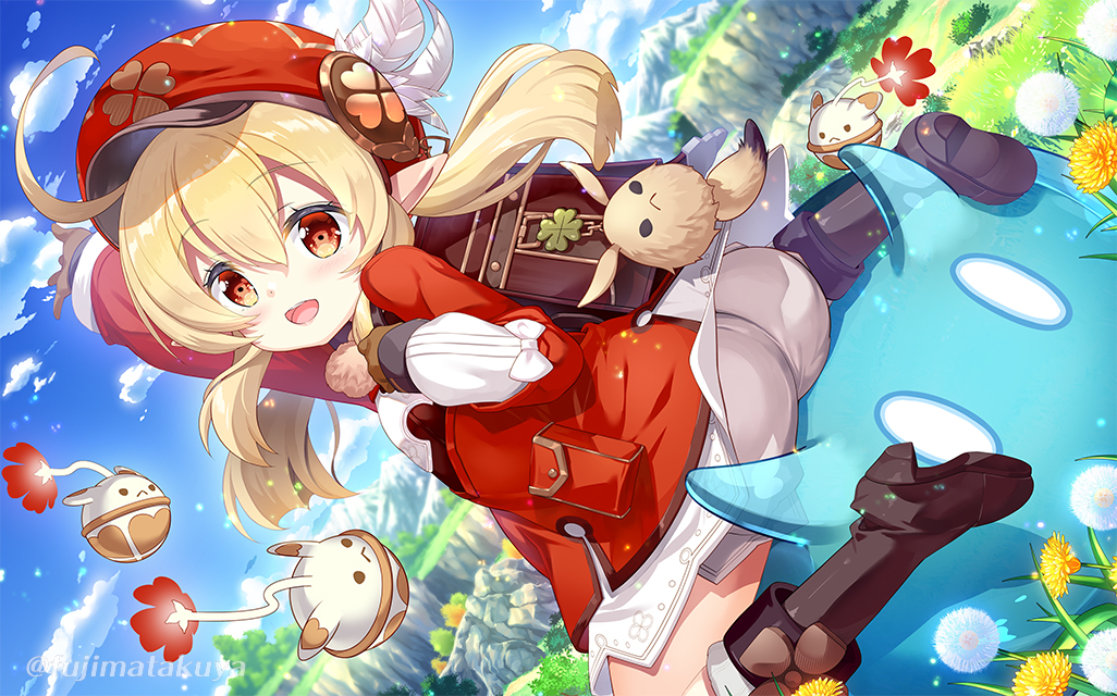 1girl :d ahoge arm_up ass backpack bag bangs black_footwear blonde_hair blush boots brown_gloves cabbie_hat commentary_request day dress dutch_angle eyebrows_visible_through_hair flower fujima_takuya genshin_impact gloves hair_between_eyes hat klee_(genshin_impact) long_hair long_sleeves looking_at_viewer looking_back low_twintails open_mouth outdoors pointy_ears red_dress red_eyes red_flower red_headwear shoe_soles short_shorts shorts smile solo twintails twitter_username upper_teeth white_flower white_shorts yellow_flower