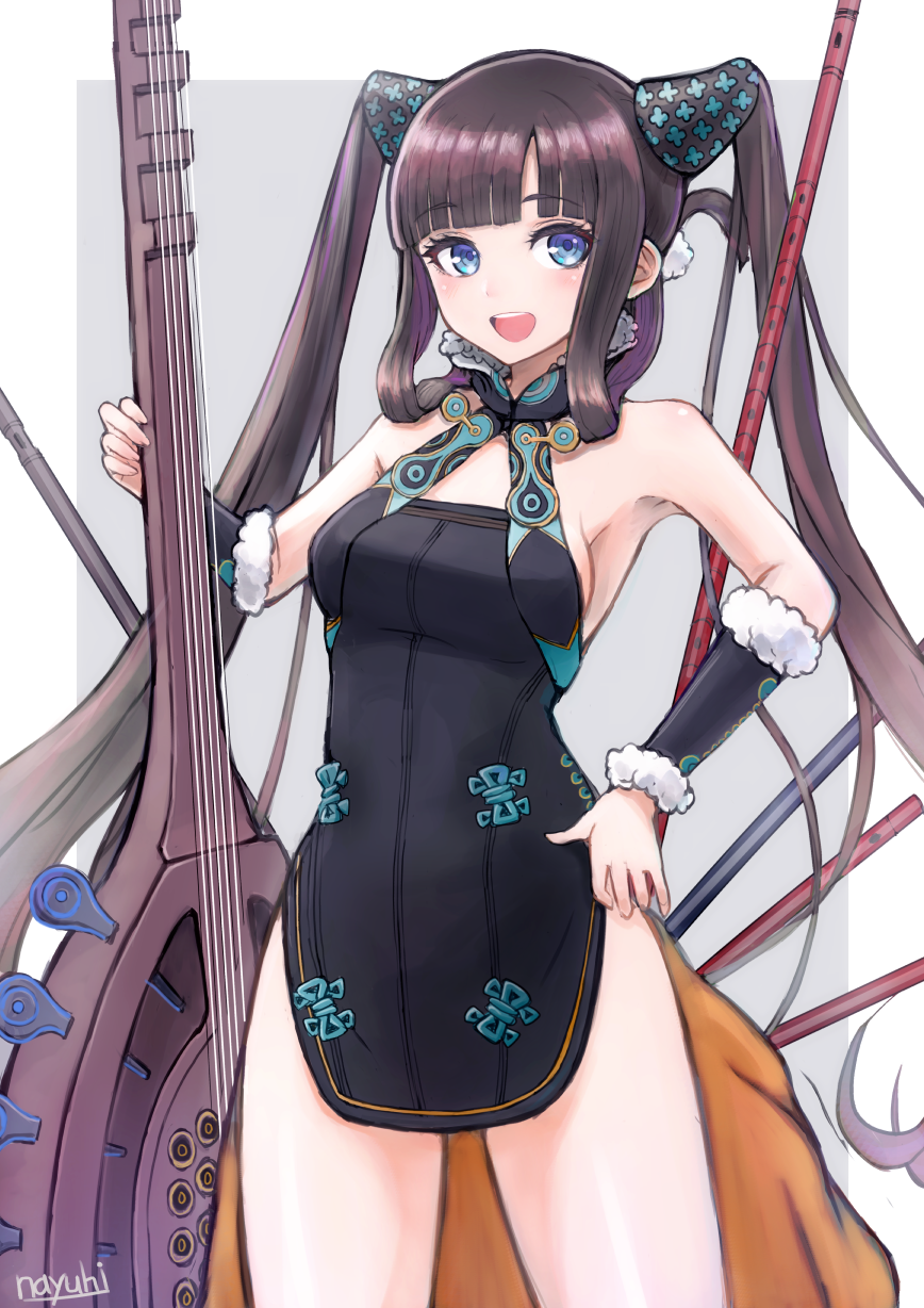 1girl bangs bare_shoulders black_dress blue_eyes blunt_bangs blush breasts china_dress chinese_clothes detached_sleeves dress fate/grand_order fate_(series) flute hair_ornament highres instrument large_breasts long_hair looking_at_viewer nayuhi_(yukimuu14) open_mouth pipa_(instrument) purple_hair side_slit sidelocks smile twintails very_long_hair yang_guifei_(fate/grand_order)