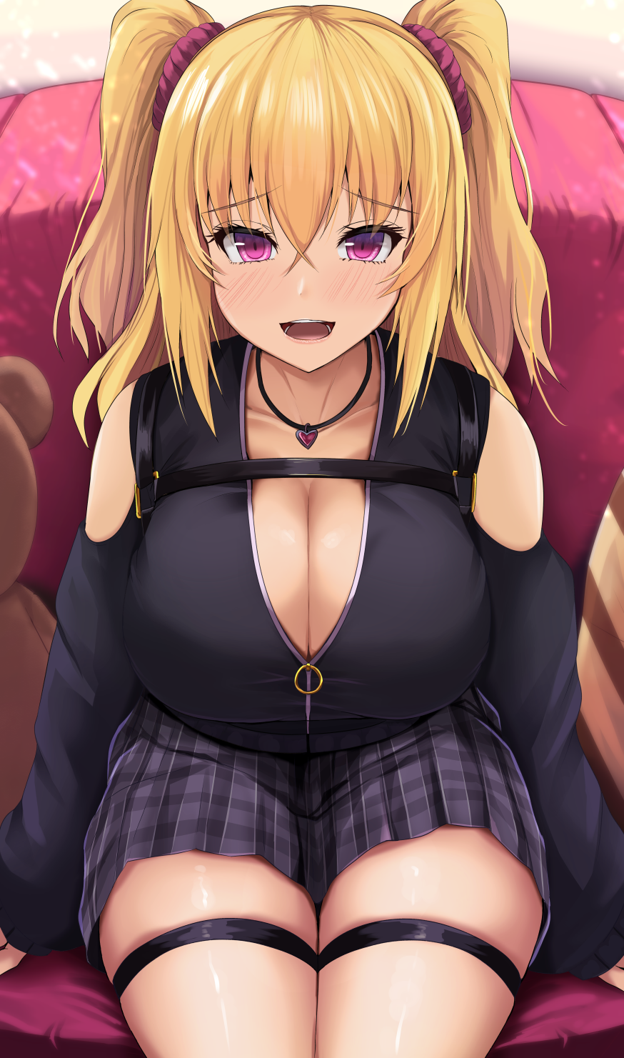 1girl bangs bare_shoulders blonde_hair blush breasts cleavage collarbone crossed_bangs hair_ornament hair_scrunchie heart heart_necklace highres kanzaki_kureha large_breasts long_hair looking_at_viewer open_mouth original plaid plaid_skirt purple_eyes scrunchie sitting skirt smile solo strap stuffed_animal stuffed_toy teddy_bear thigh_strap twintails
