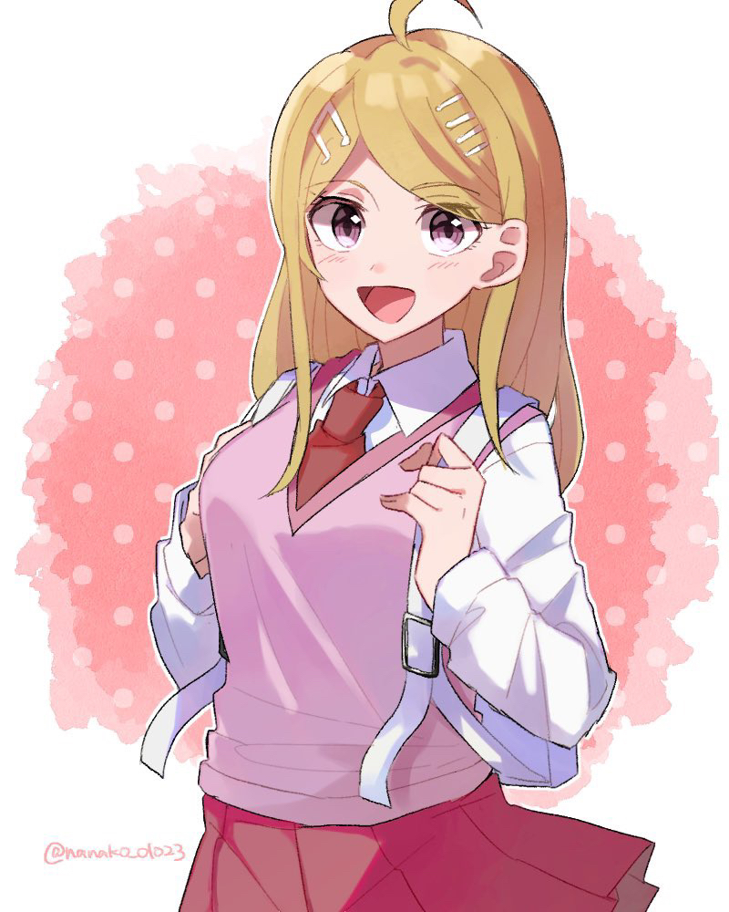 1girl :d ahoge akamatsu_kaede backpack bag bangs blonde_hair blush breasts collared_shirt commentary_request cowboy_shot danganronpa hair_ornament hairclip holding_strap long_hair long_sleeves looking_at_viewer miniskirt musical_note_hair_ornament nanao_(nanao1023) necktie new_danganronpa_v3 open_mouth pink_eyes pink_skirt pleated_skirt red_neckwear school_uniform shirt skirt smile solo sweater_vest twitter_username white_shirt
