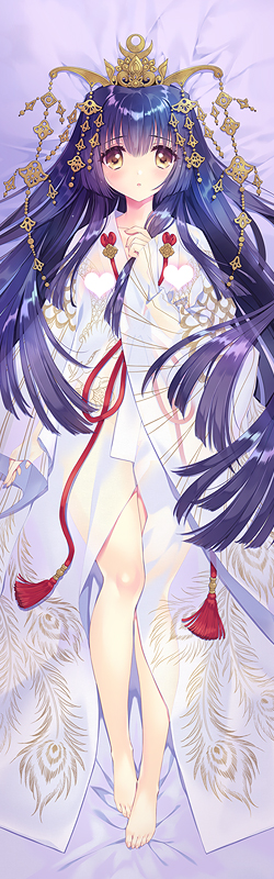 1girl :o bangs barefoot blush carnelian censored chihaya_(clothing) crown dakimakura_(medium) feet full_body hair_down heart heart_censor kao_no_nai_tsuki kuraki_suzuna looking_at_viewer purple_hair sidelocks solo yellow_eyes