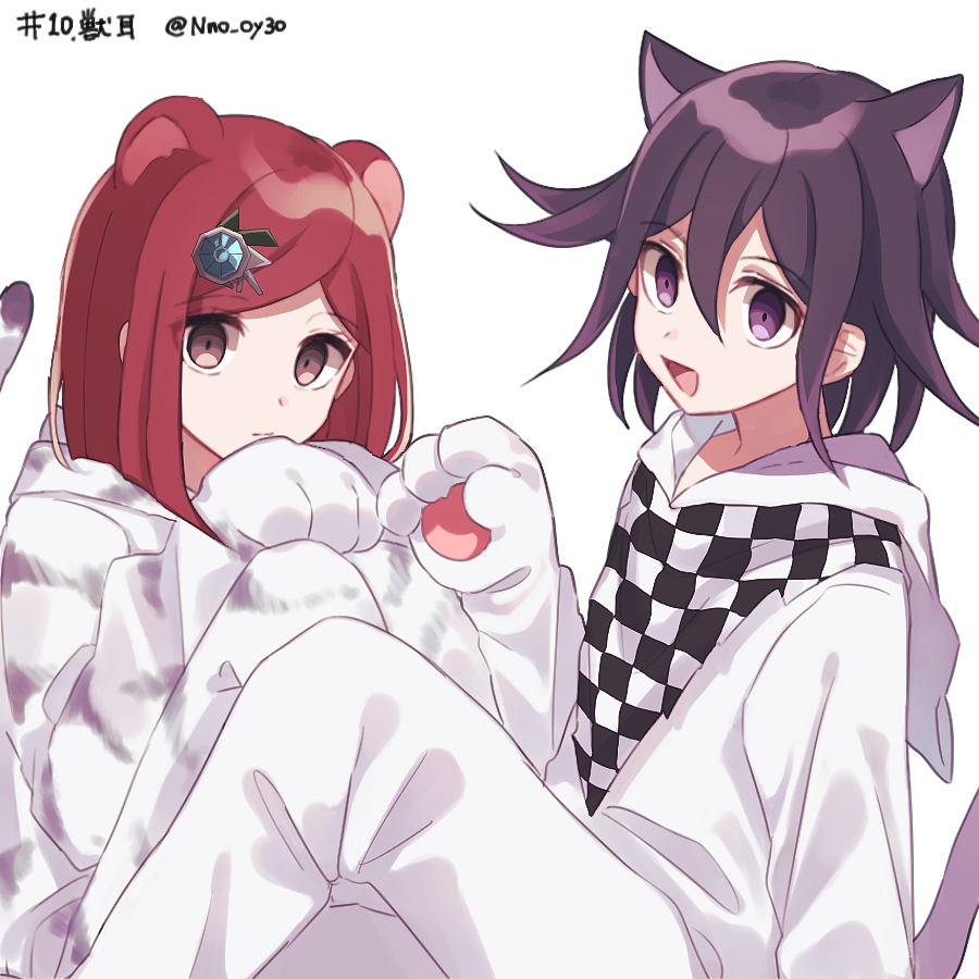 1boy 1girl animal_costume animal_ears animal_print bangs black_hair cat_costume cat_ears cat_tail checkered checkered_scarf closed_mouth commentary_request danganronpa from_side hair_between_eyes hair_ornament hairclip hand_up hood hood_down looking_at_viewer nanao_(nanao1023) new_danganronpa_v3 open_mouth ouma_kokichi paws purple_eyes purple_hair red_eyes red_hair scarf short_hair simple_background sitting smile tail tiger_costume tiger_ears tiger_print white_background yumeno_himiko