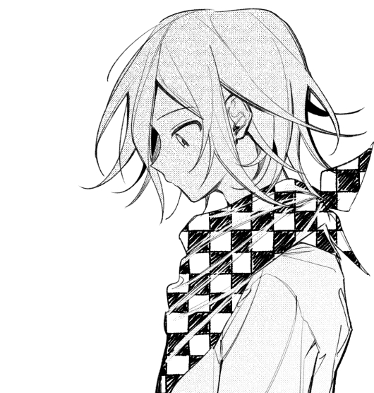 1boy bangs checkered checkered_neckwear checkered_scarf closed_mouth commentary_request danganronpa from_side greyscale hambagseu jacket looking_down male_focus monochrome new_danganronpa_v3 ouma_kokichi profile scarf short_hair solo upper_body