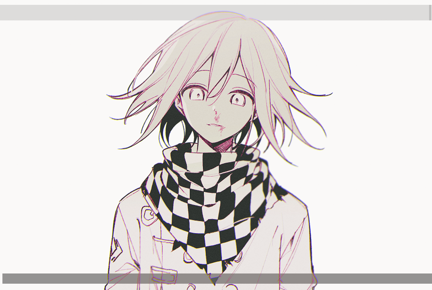 1boy bangs blood blood_on_face checkered checkered_scarf danganronpa greyscale hair_between_eyes hambagseu jacket long_sleeves looking_at_viewer male_focus monochrome new_danganronpa_v3 ouma_kokichi parted_lips scarf short_hair smile solo