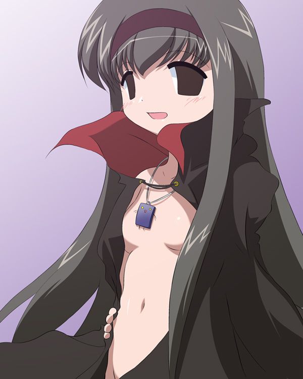 artist_request black_hair breasts buchou cape empty_eyes fictional_persona jewelry long_hair long_sleeves mahoraba necklace open_clothes open_eyes open_mouth open_shirt shirt simple_background small_breasts solo