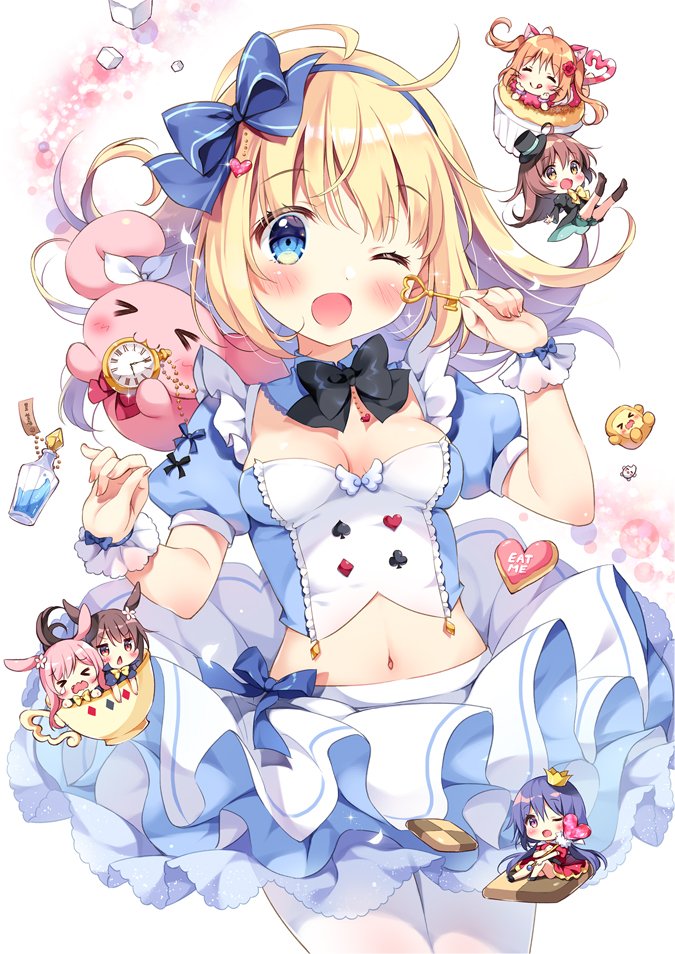 &gt;_&lt; 6+girls :3 ;d ahoge alice_(wonderland) alice_in_wonderland animal_ears black_bow black_shirt blonde_hair blue_bow blue_collar blue_eyes blue_hair blue_hairband blush bottle bow breasts brown_eyes brown_hair bunny_ears chibi cleavage club_(shape) collar commentary_request cookie crop_top crown cup detached_collar diamond_(shape) drink_me eat_me food hair_bow hairband hands_up heart holding holding_key in_container in_cup juliet_sleeves key layered_skirt long_hair long_sleeves looking_at_viewer medium_breasts midriff mini_crown minigirl multiple_girls nail_polish navel one_eye_closed open_mouth pan_(mimi) pink_hair pink_nails pleated_skirt pocket_watch puffy_short_sleeves puffy_sleeves roman_numerals shirt short_sleeves skirt smile spade_(shape) stuffed_animal stuffed_bunny stuffed_toy sugar_cube teacup tilted_headwear twintails very_long_hair watch wavy_mouth white_skirt wrist_cuffs