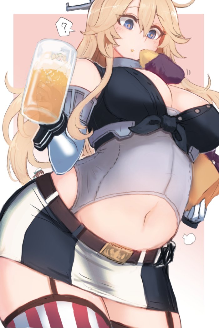 3girls ? alcohol beer beer_mug blonde_hair blue_eyes breasts cowboy_shot cup elbow_gloves eyebrows_visible_through_hair fairy_(kantai_collection) food front-tie_top gambier_bay_(kantai_collection) giantess gloves hair_between_eyes holding holding_cup iowa_(kantai_collection) kantai_collection large_breasts long_hair motion_lines mug multiple_girls navel parted_lips size_difference solo spoken_question_mark star-shaped_pupils star_(symbol) sweet_potato symbol-shaped_pupils symbol_commentary thighhighs utopia