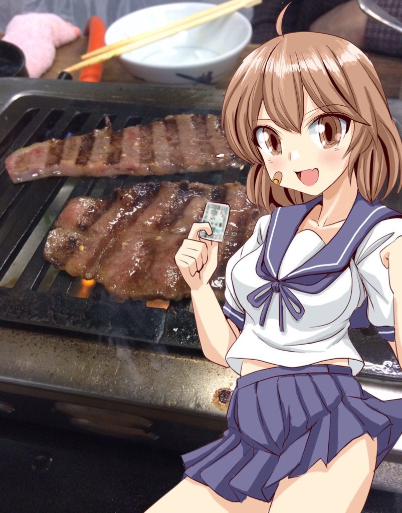 1girl ahoge bandaid bandaid_on_face blue_sailor_collar blue_skirt breasts brown_eyes brown_hair chopsticks cowboy_shot fang grill kantai_collection medium_breasts mushi_mushi_ex oboro_(kantai_collection) photo_background pleated_skirt sailor_collar sailor_shirt shirt short_hair skin_fang skirt solo