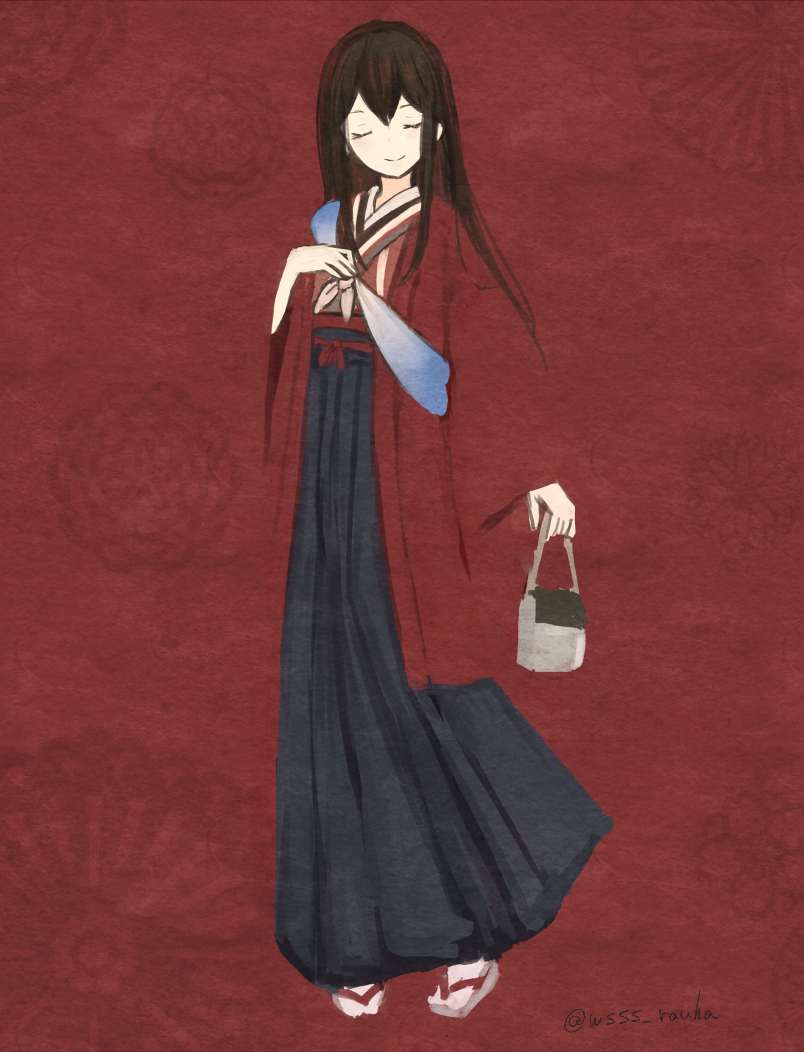 1girl akagi_(kantai_collection) bag bangs black_hair black_hakama blush closed_eyes closed_mouth commentary_request eyebrows_behind_hair facing_viewer floral_background full_body grey_footwear hair_between_eyes hakama hand_up holding holding_bag japanese_clothes kantai_collection kimono long_hair long_sleeves open_clothes red_background smile solo standing tabi twitter_username white_legwear wide_sleeves wss_(nicoseiga19993411) zouri