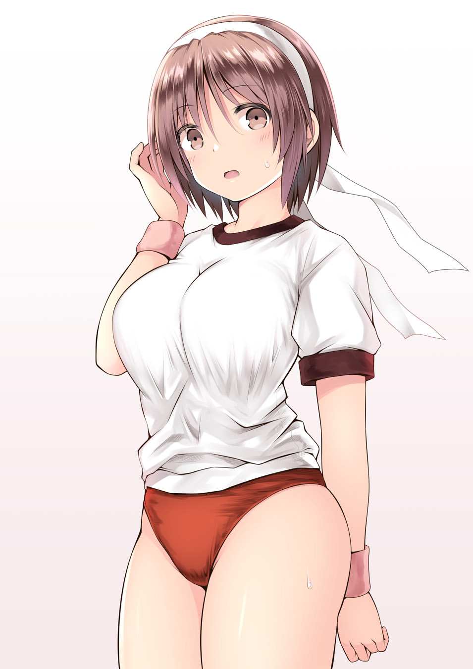 1girl alternate_costume brown_eyes brown_hair buruma commentary_request cowboy_shot gradient gradient_background gym_uniform hairband highres kantai_collection kuromayu looking_at_viewer natori_(kantai_collection) red_buruma shirt short_hair solo t-shirt white_background white_hairband white_shirt wristband