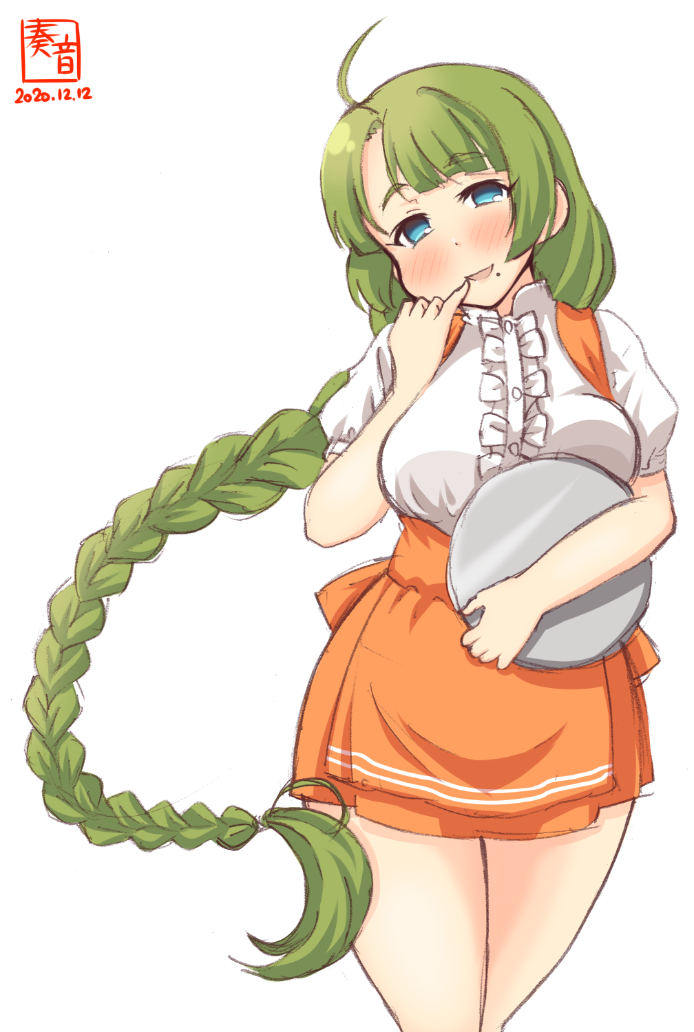 1girl alternate_costume anna_miller apron artist_logo blouse blue_eyes blush braid breasts commentary_request cowboy_shot dated employee_uniform frilled_blouse green_hair highres kanon_(kurogane_knights) kantai_collection long_hair looking_at_viewer medium_breasts mole mole_under_mouth orange_apron orange_skirt pinky_out short_shorts shorts simple_background single_braid skirt smile solo standing tongue tongue_out tray underbust uniform very_long_hair waitress white_background white_blouse yuugumo_(kantai_collection)