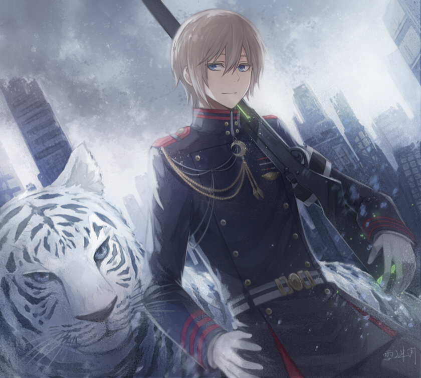 1boy angel31424 animal bangs black_jacket blue_eyes building cowboy_shot day gloves gun hair_between_eyes hand_on_hip hiiragi_shinya holding holding_gun holding_weapon jacket light_smile long_sleeves male_focus military military_uniform outdoors owari_no_seraph rifle short_hair signature silver_hair solo tiger tsurime uniform weapon white_gloves white_tiger