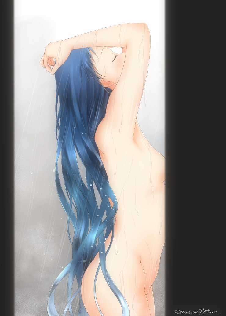 1girl arms_up ass bathing bathroom blue_hair blush breasts closed_eyes commentary_request completely_nude convenient_censoring from_behind from_side gradient_hair kantai_collection letterboxed long_hair mae_(maesanpicture) multicolored_hair nude samidare_(kantai_collection) showering small_breasts solo standing steam twitter_username very_long_hair water wet