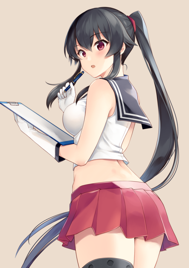 1girl ass black_hair blush breasts gloves gradient gradient_background grey_background ichinomiya_(blantte) kantai_collection large_breasts long_hair looking_at_viewer looking_back notepad pen pleated_skirt ponytail purple_eyes red_skirt sailor_collar sidelocks skirt solo very_long_hair white_gloves yahagi_(kantai_collection)