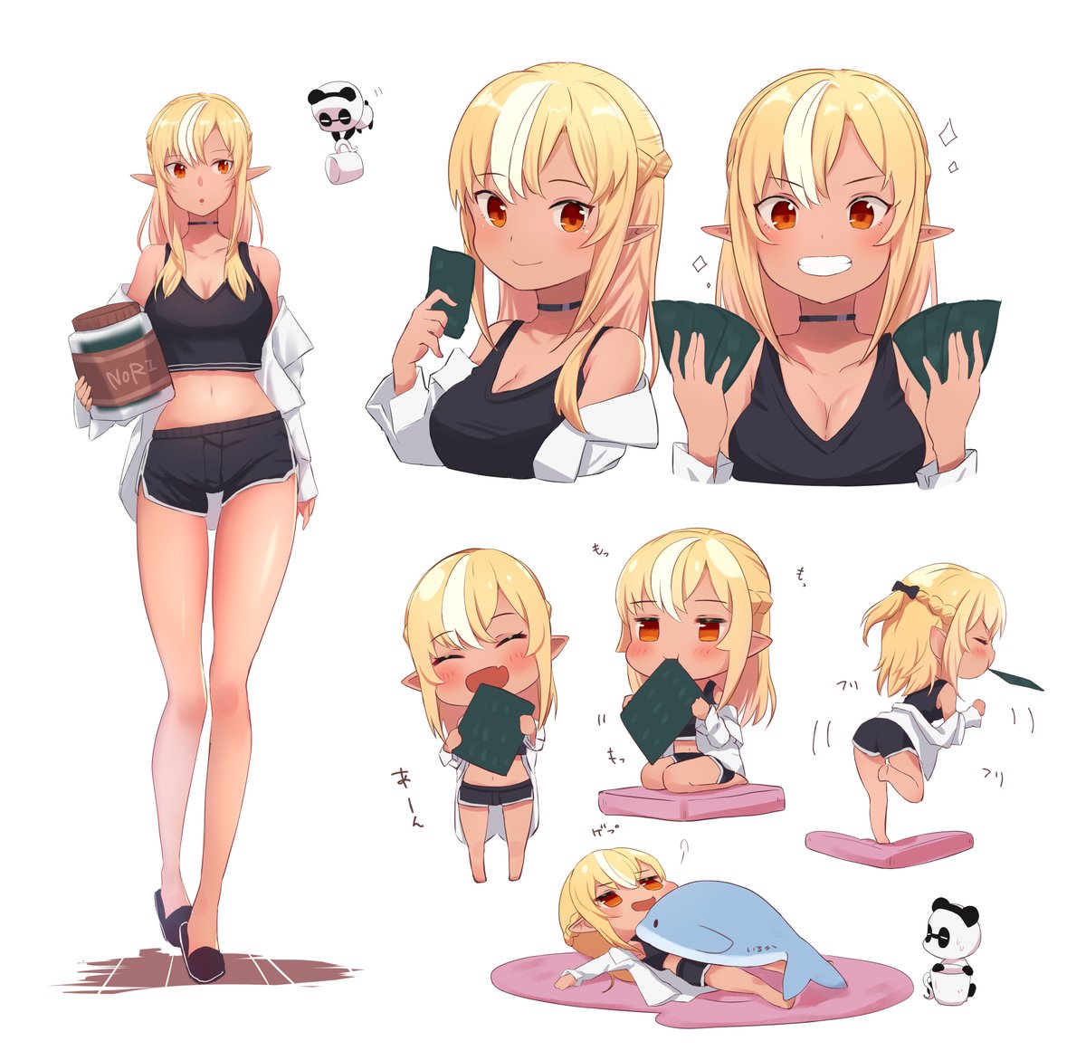 1girl alternate_costume animal_ears blonde_hair breasts card cat_ears chibi choker cleavage coffee_cup crop_top cup dancing dark_skin dark_skinned_female disposable_cup dolphin dress_shirt eating elf exercise full_body grin holding holding_card holding_jar hololive jar kintsuba_(shiranui_flare) legs looking_at_viewer lying medium_breasts minigirl multicolored_hair multiple_views nori_(seaweed) off_shoulder on_back pointy_ears red_eyes sasaki_(glass1138) shiranui_flare shirt short_shorts shorts simple_background slippers smile sparkle streaked_hair tank_top thighs white_background