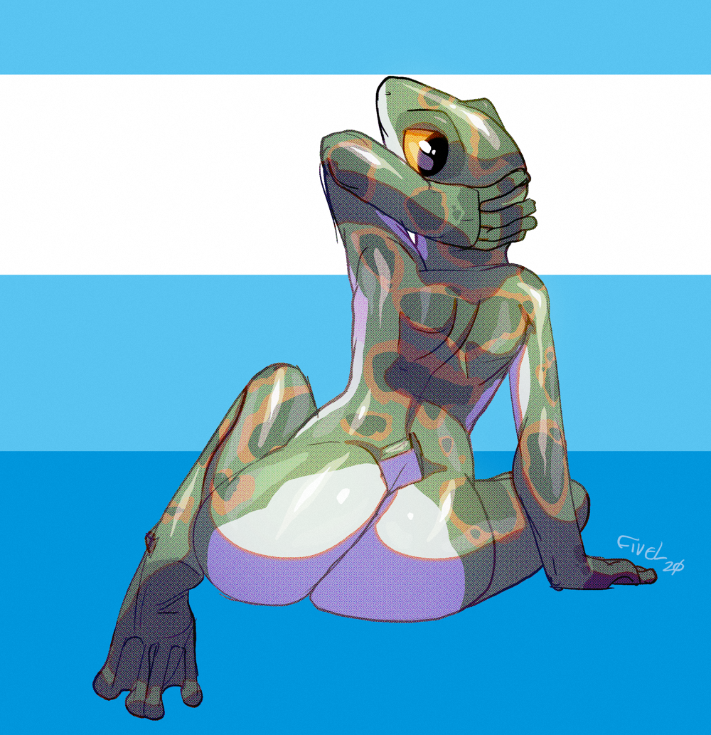 4_toes 5_fingers amphibian anthro big_eyes butt female fingers fivel frog green_body green_skin hand_behind_head membrane_(anatomy) nude simple_background solo spots spotted_body toes webbed_feet