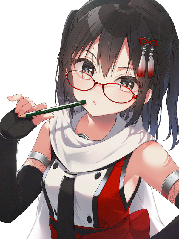 1girl artist_name bangs bare_shoulders bespectacled black_gloves black_hair black_neckwear blush breasts brown_eyes closed_mouth elbow_gloves eyebrows_visible_through_hair glasses gloves hair_ornament holding holding_pencil kantai_collection koruri long_hair looking_at_viewer neckerchief pencil pencil_to_face red-framed_eyewear scarf sendai_(kantai_collection) shirt simple_background sleeveless sleeveless_shirt solo tassel twitter_username two_side_up upper_body v-shaped_eyebrows white_background white_scarf