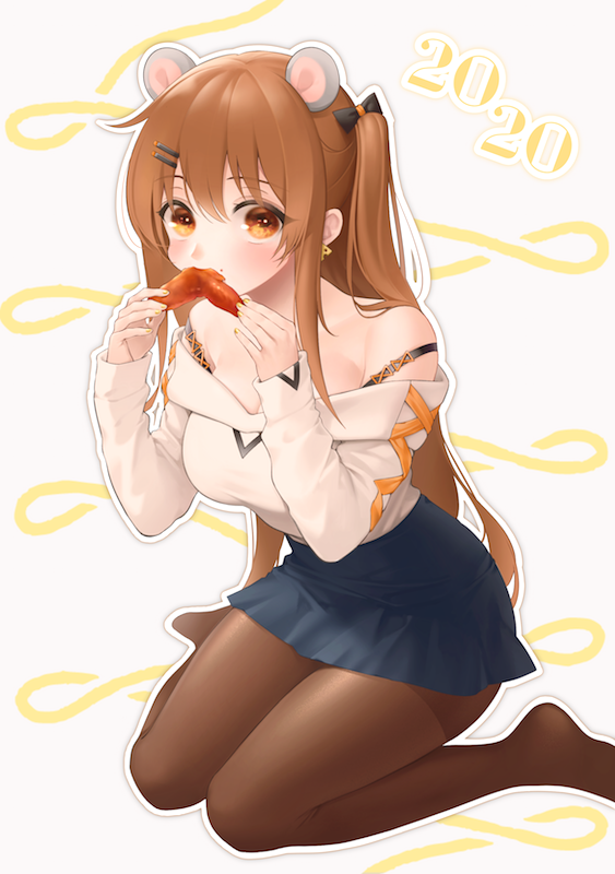 1girl 2020 animal_ears bangs bare_shoulders black_legwear blue_skirt blush bow bra_strap brown_eyes brown_hair earrings eating eyebrows_visible_through_hair fake_animal_ears food girls_frontline hair_bow holding holding_food jewelry k-2_(girls_frontline) long_hair looking_at_viewer mouse_ears no_shoes off-shoulder_sweater off_shoulder pantyhose seiza simple_background sitting skirt solo spread_legs sweater twintails urano_ura white_sweater