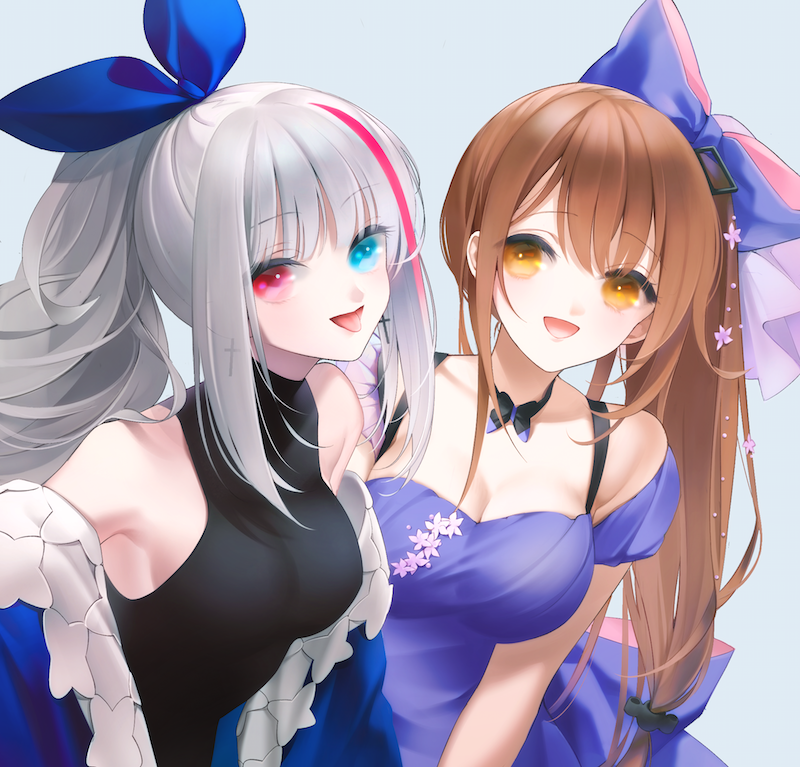 2girls bangs black_dress blue_dress blue_eyes bow bowtie breasts brown_eyes brown_hair cleavage cross cross_earrings dress earrings eyebrows_visible_through_hair girls_frontline hair_bow hair_ornament hair_ribbon heterochromia jewelry k-2_(girls_frontline) long_hair looking_at_viewer mdr_(girls_frontline) medium_breasts multicolored_hair multiple_girls open_mouth ponytail purple_eyes ribbon silver_hair tongue tongue_out urano_ura white_background