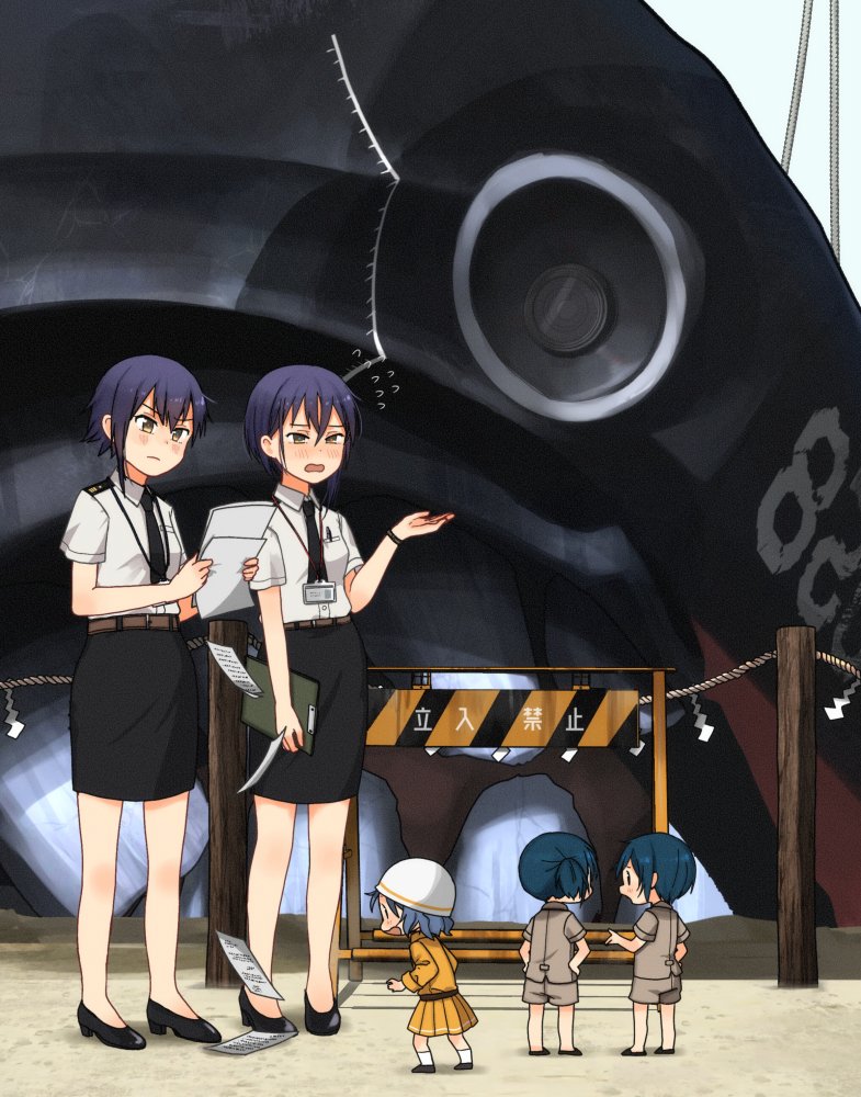 5girls abukuma_(kantai_collection) alternate_costume annin_musou bangs black_hair black_skirt brown_eyes brown_shirt brown_shorts commentary_request fairy_(kantai_collection) flying_sweatdrops hair_between_eyes helmet holding holding_paper i-13_(kantai_collection) i-14_(kantai_collection) kantai_collection long_sleeves military military_uniform multiple_girls open_mouth paper pleated_skirt shirt short_hair short_sleeves shorts skirt uniform yellow_shirt yellow_skirt